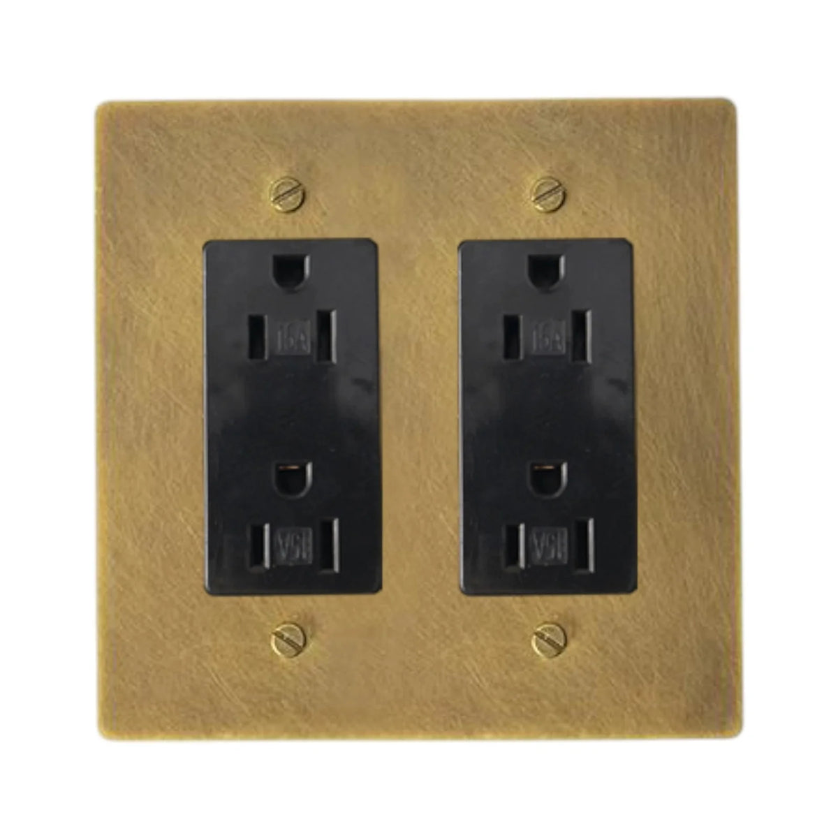 Two-gang unlacquered antique brass (hand-brushed) plate with two black regular 15A duplex outlets.