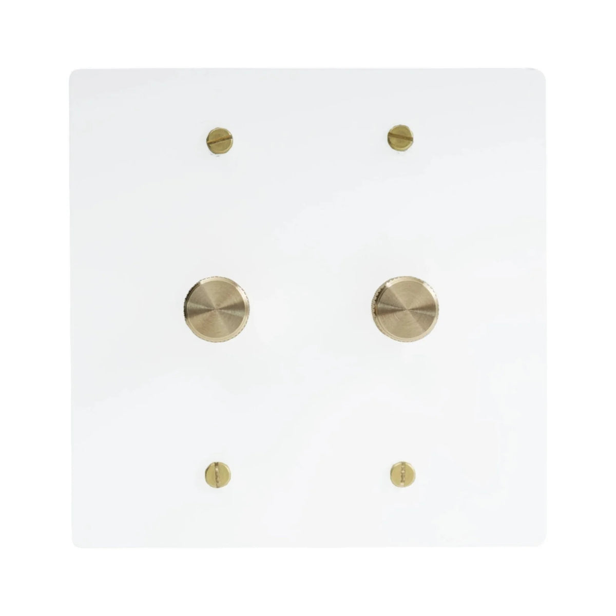 2-gang white with brass accents plate. Two 250W single-pole rotary dimmers with brass knobs.