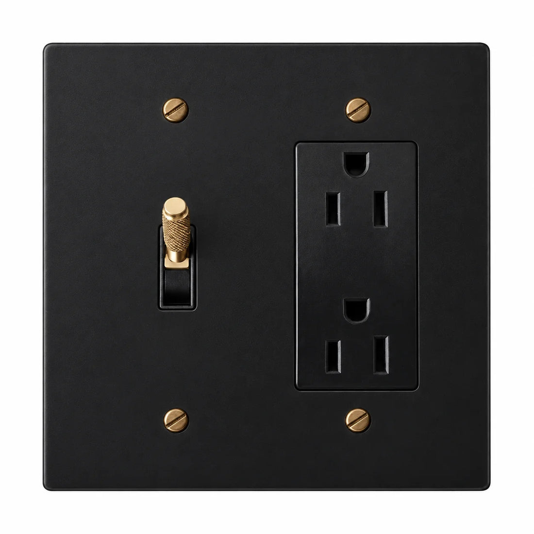 Two-gang black with brass accents plate with one brass knurled toggle switch with a black plastic insert and one black regular 15A duplex outlet.