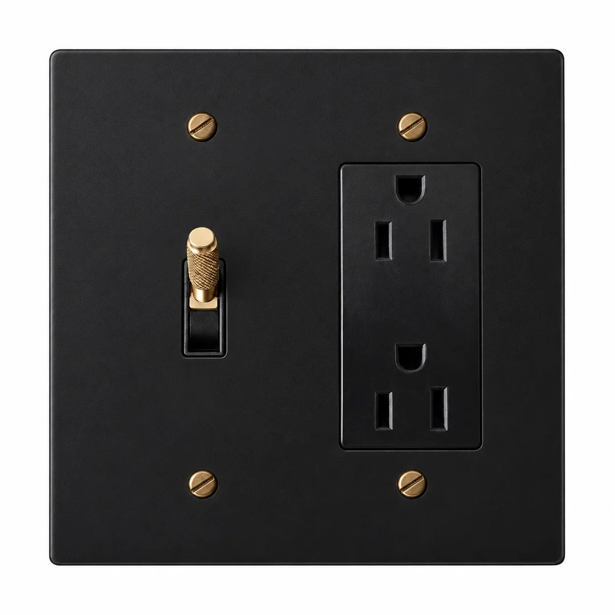 Two-gang black with brass accents plate with one brass knurled toggle switch with a black plastic insert and one black regular 15A duplex outlet.