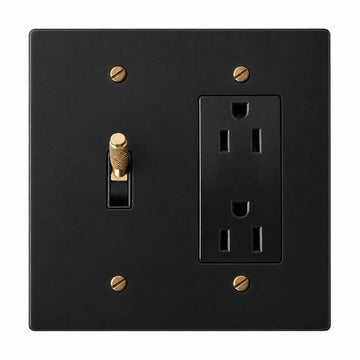 Two-gang black with brass accents plate with one brass knurled toggle switch with a black plastic insert and one black regular 15A duplex outlet.