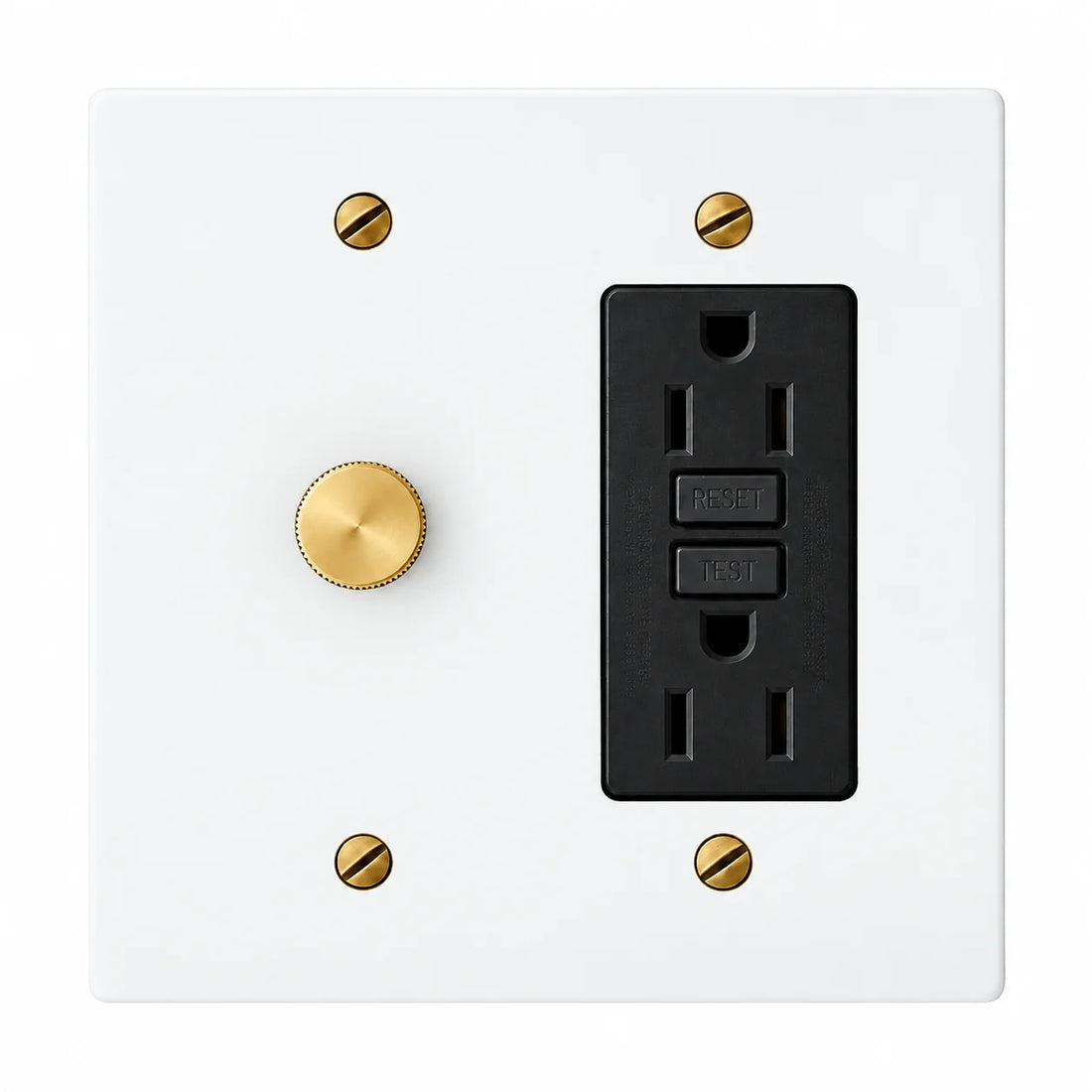 White two-gang plate with a brass 600W single-pole rotary dimmer knob, four brass screws and a black 15A GFCI outlet