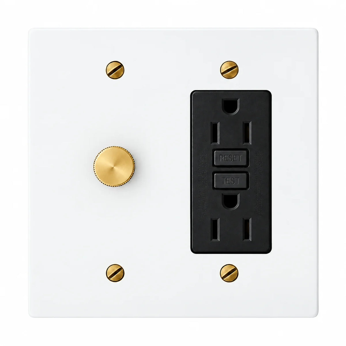 White two-gang plate with a brass 600W single-pole rotary dimmer knob, four brass screws and a black 15A GFCI outlet
