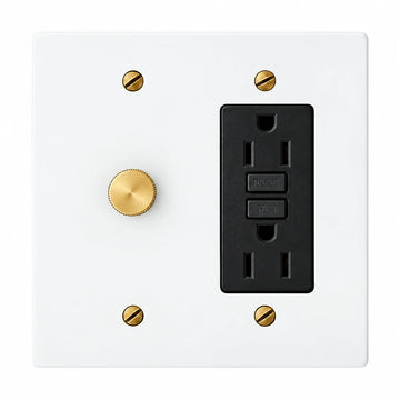 White two-gang plate with a brass 600W single-pole rotary dimmer knob, four brass screws and a black 15A GFCI outlet