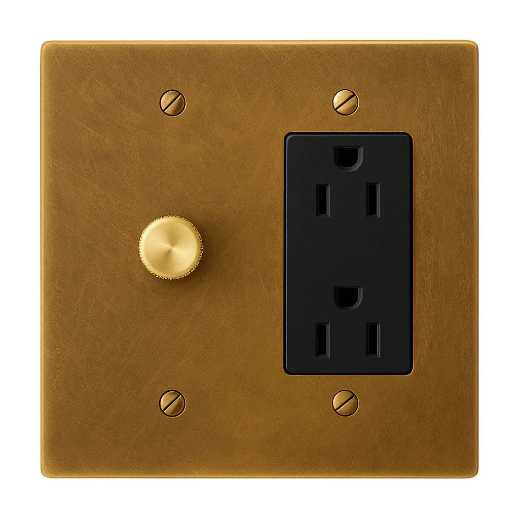 2-gang unlacquered antique brass (hand-brushed) plate. One 250W single-pole brass rotary dimmer on the left and one black regular 15A duplex outlet on the right.