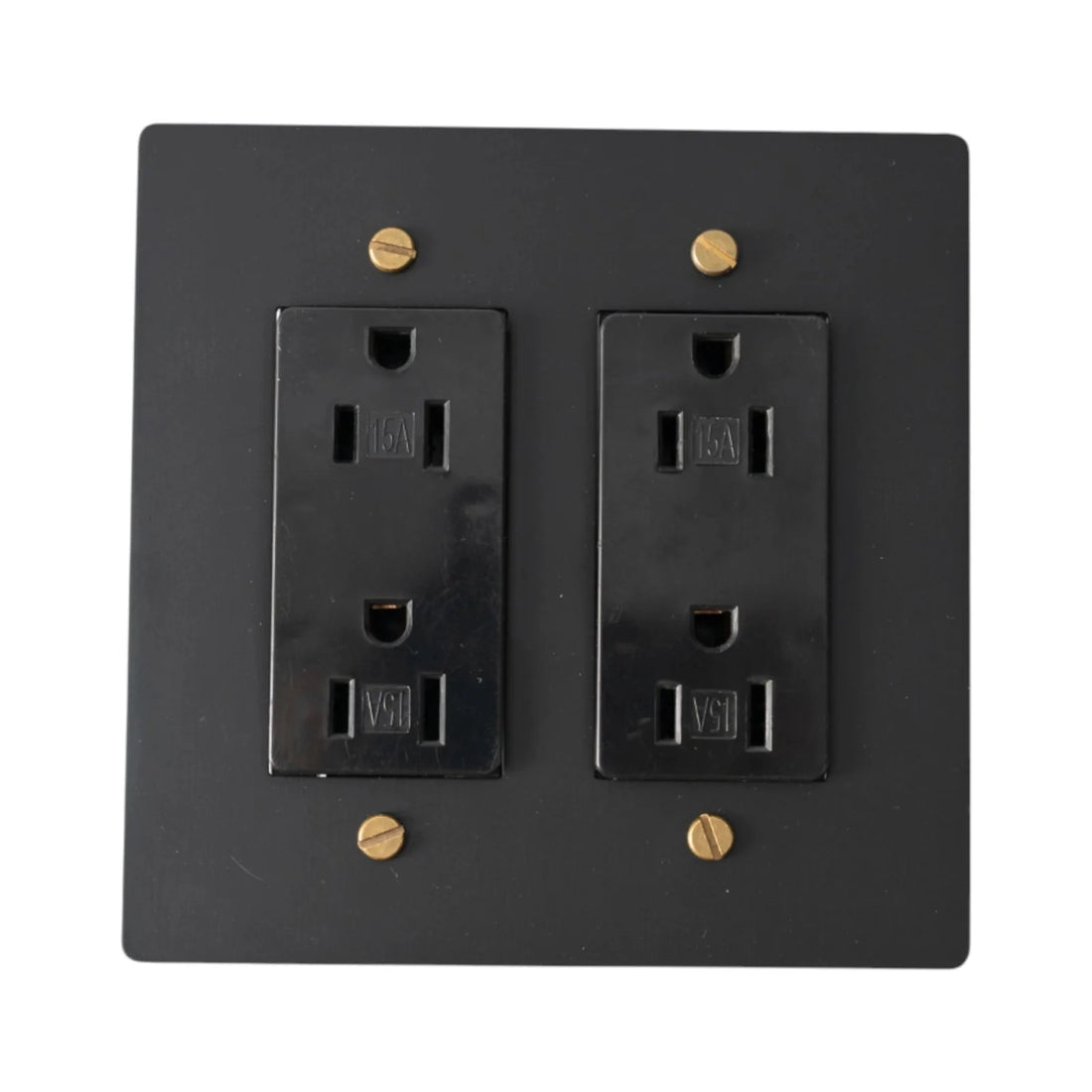 Two-gang black with brass accents plate with two black regular 15A duplex outlets.