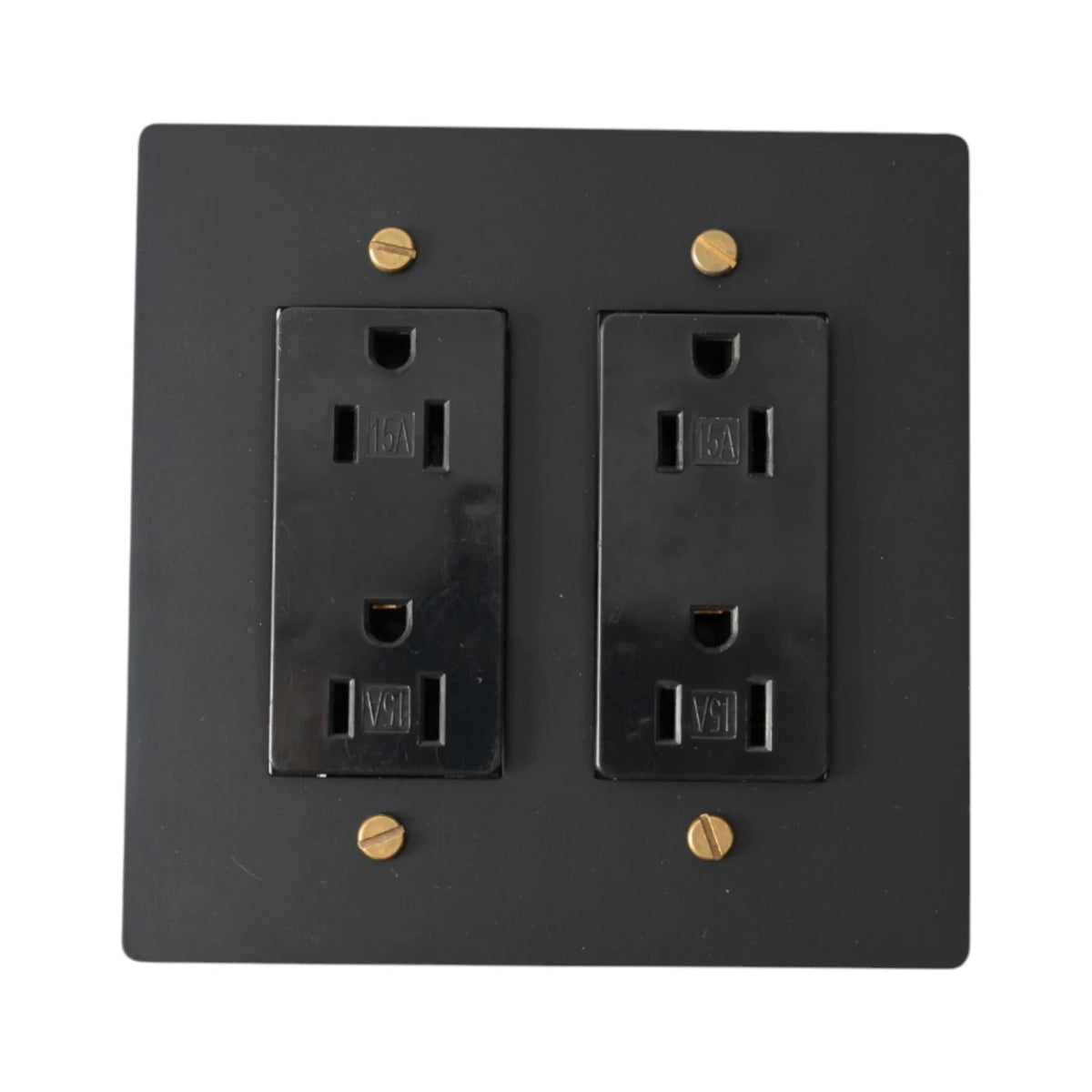 Two-gang black with brass accents plate with two black regular 15A duplex outlets.