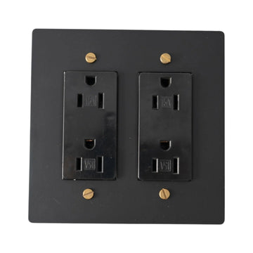 Two-gang black with brass accents plate with two black regular 15A duplex outlets.