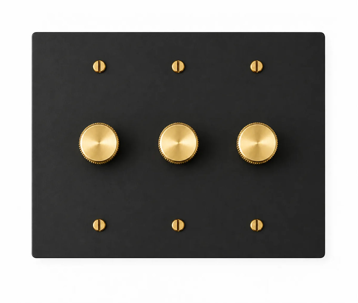 Black three-gang plate with three brass rotary dimmer knobs and six brass screws