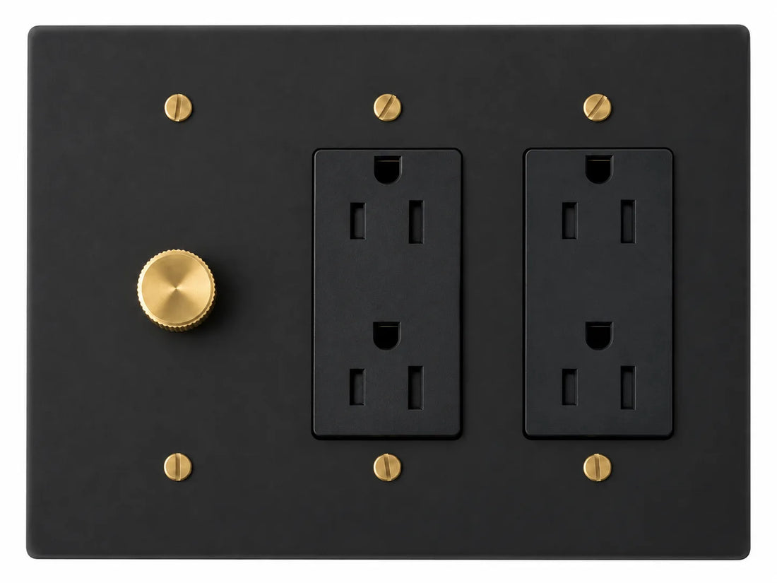 Black 3-gang plate with 250W single-pole rotary dimmer + regular 15A duplex outlet + regular 15A duplex outlet and brass hardware