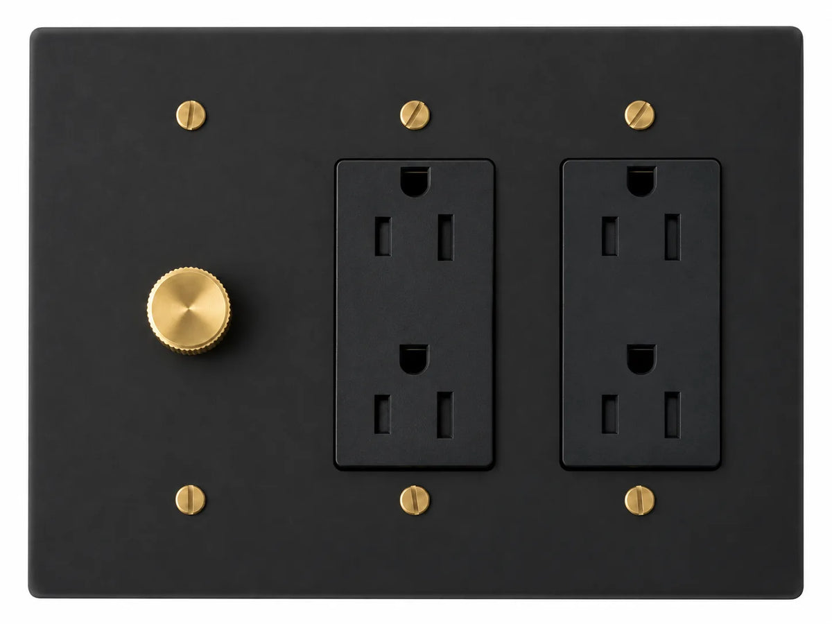 Black 3-gang plate with 250W single-pole rotary dimmer + regular 15A duplex outlet + regular 15A duplex outlet and brass hardware