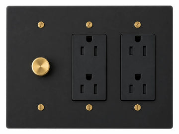 Black 3-gang plate with 250W single-pole rotary dimmer + regular 15A duplex outlet + regular 15A duplex outlet and brass hardware