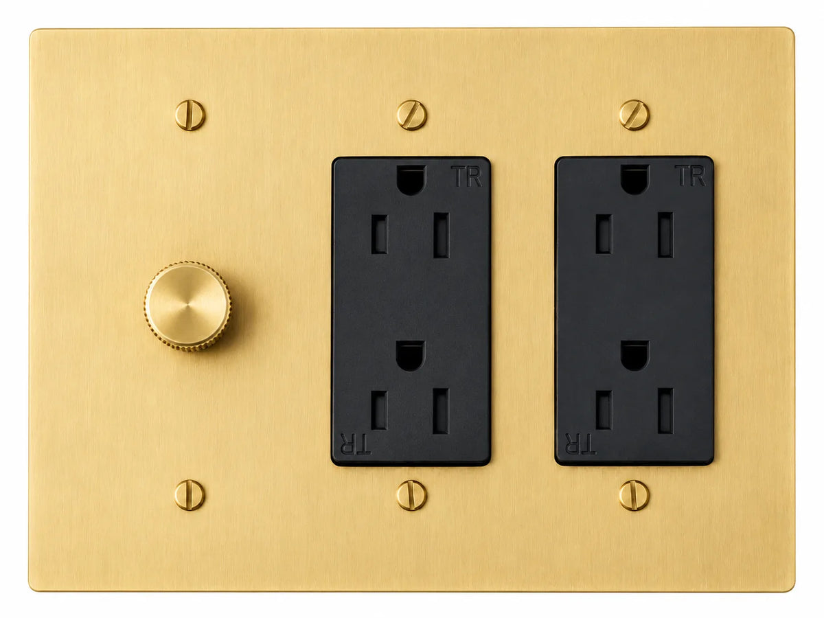 Satin Brass 3-gang plate with 250W single-pole rotary dimmer + regular 15A duplex outlet + regular 15A duplex outlet and brass hardware