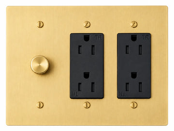 Satin Brass 3-gang plate with 250W single-pole rotary dimmer + regular 15A duplex outlet + regular 15A duplex outlet and brass hardware