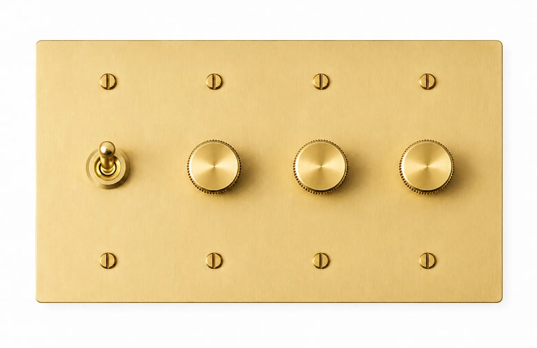 Satin Brass 4-gang plate with smooth retro toggle switch + 250W single-pole rotary dimmer + 250W single-pole rotary dimmer + 250W single-pole rotary dimmer and brass hardware