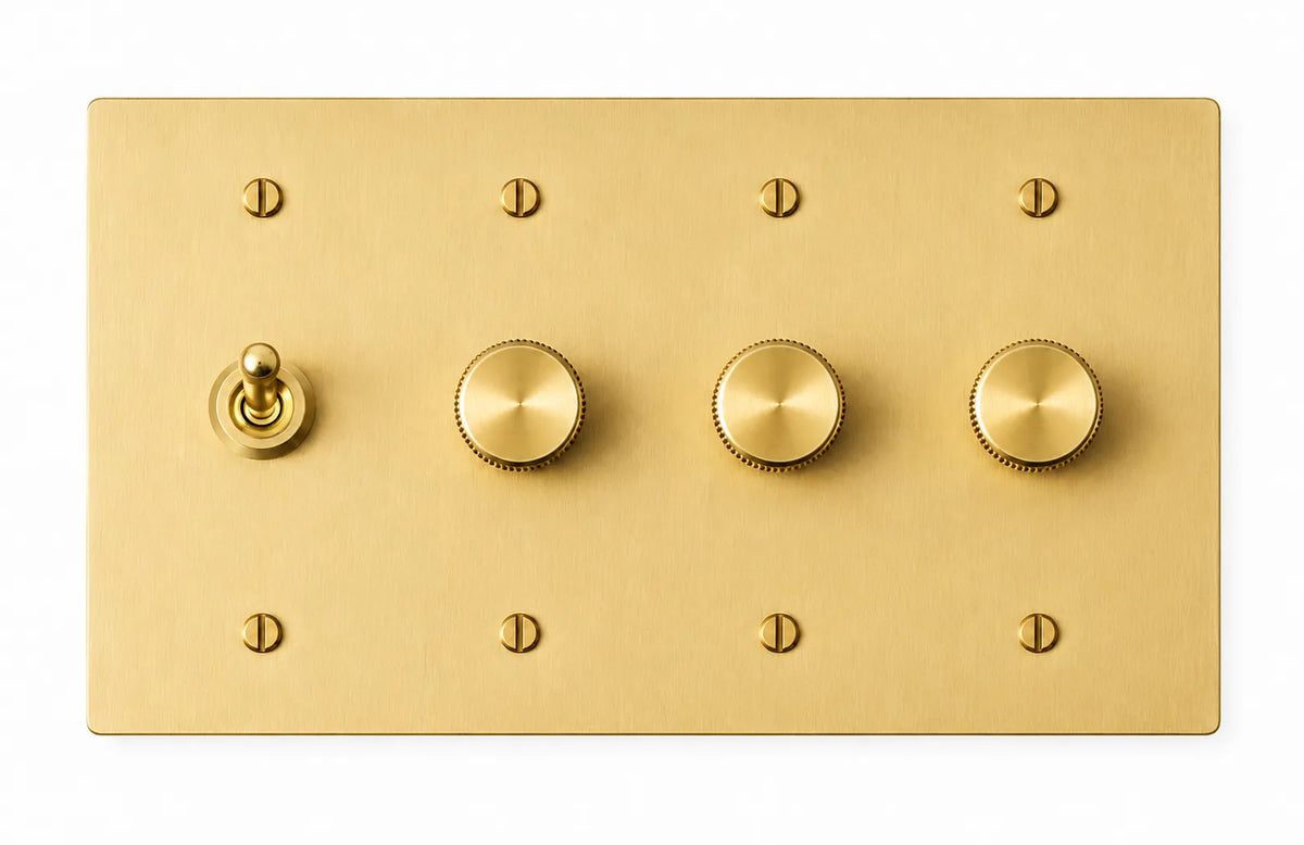 Satin Brass 4-gang plate with smooth retro toggle switch + 250W single-pole rotary dimmer + 250W single-pole rotary dimmer + 250W single-pole rotary dimmer and brass hardware