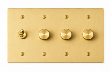 Satin Brass 4-gang plate with smooth retro toggle switch + 250W single-pole rotary dimmer + 250W single-pole rotary dimmer + 250W single-pole rotary dimmer and brass hardware