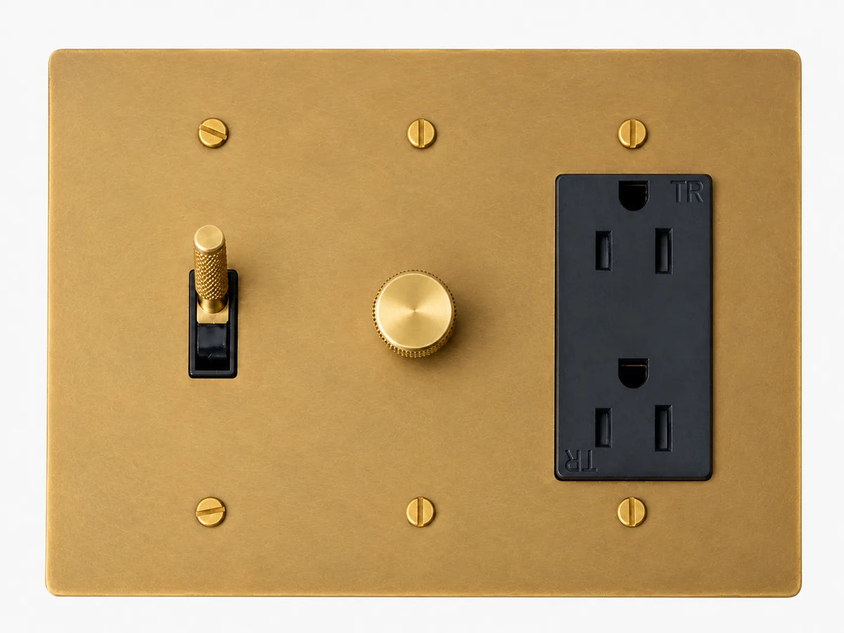 Unlacquered Antique Brass (Hand-Brushed) 3-gang plate with knurled toggle switch + 250W single-pole rotary dimmer + regular 15A duplex outlet and brass hardware