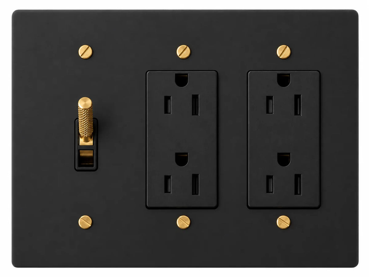 Black 3-gang plate with knurled toggle switch + regular 15A duplex outlet + regular 15A duplex outlet and brass hardware