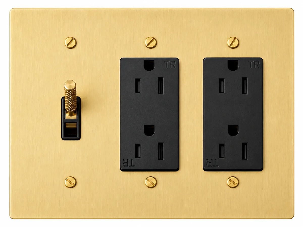 Satin Brass 3-gang plate with knurled toggle switch + regular 15A duplex outlet + regular 15A duplex outlet and brass hardware
