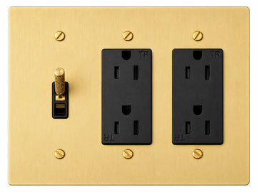 Satin Brass 3-gang plate with knurled toggle switch + regular 15A duplex outlet + regular 15A duplex outlet and brass hardware