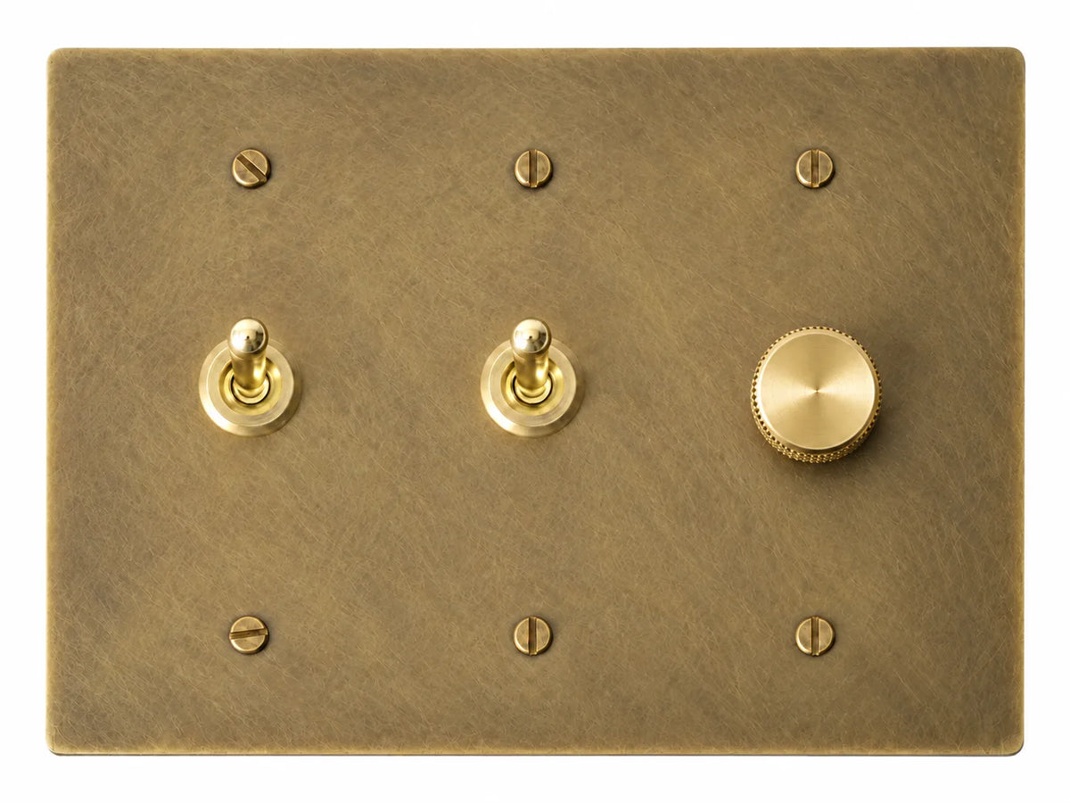 Antique Brass (Hand-Brushed) 3-gang plate with smooth retro toggle switch + smooth retro toggle switch + 250W single-pole rotary dimmer and brass hardware