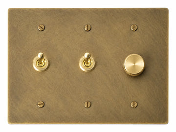 Antique Brass (Hand-Brushed) 3-gang plate with smooth retro toggle switch + smooth retro toggle switch + 250W single-pole rotary dimmer and brass hardware