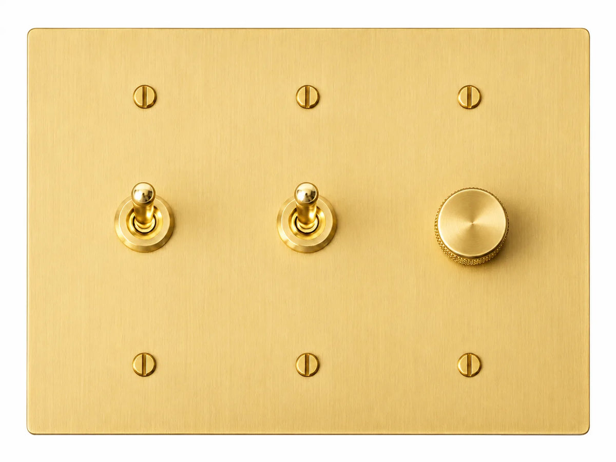 Satin Brass 3-gang plate with smooth retro toggle switch + smooth retro toggle switch + 250W single-pole rotary dimmer and brass hardware