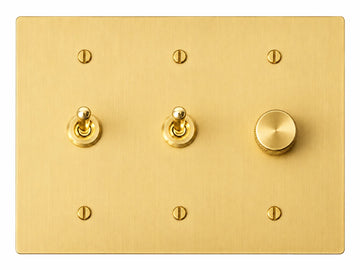 Satin Brass 3-gang plate with smooth retro toggle switch + smooth retro toggle switch + 250W single-pole rotary dimmer and brass hardware