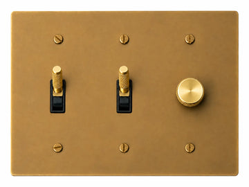 Unlacquered Antique Brass (Hand-Brushed) 3-gang plate with knurled toggle switch + knurled toggle switch + 250W single-pole rotary dimmer and brass hardware