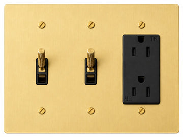 Satin Brass 3-gang plate with knurled toggle switch + knurled toggle switch + regular 15A duplex outlet and brass hardware