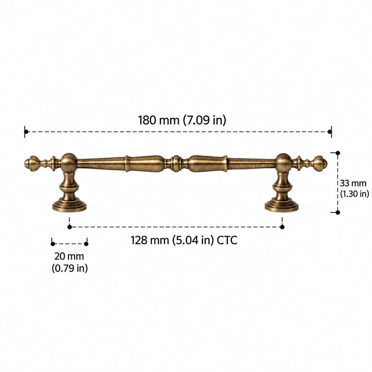 Ornate spindle pull: 128 mm (5.04 in) CTC, 180 mm (7.09 in) length, 33 mm (1.30 in) projection