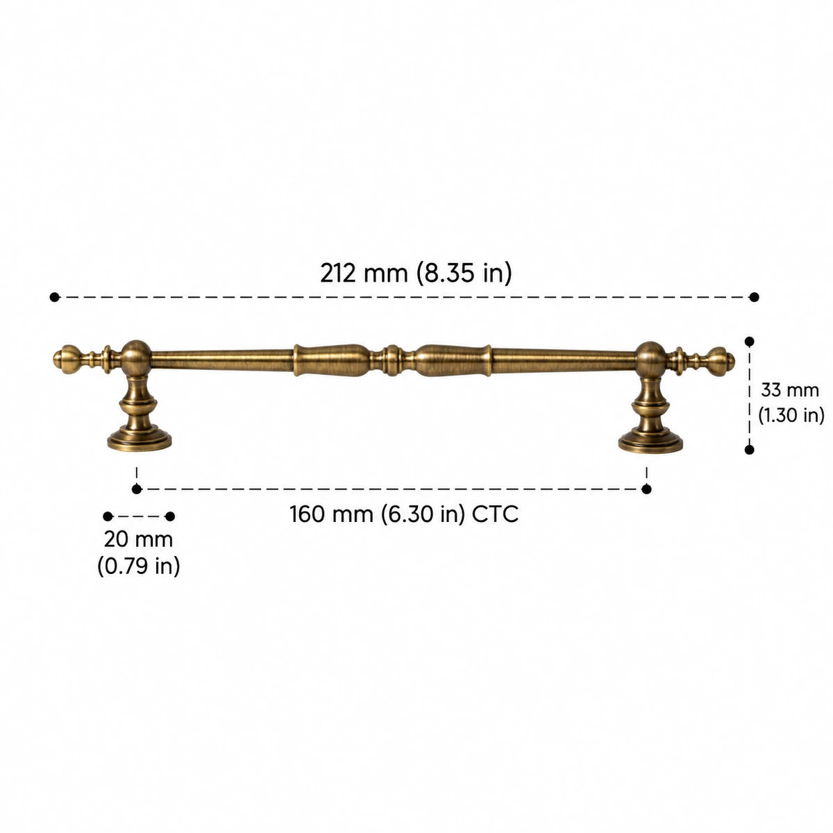 Ornate spindle pull: 160 mm (6.30 in) CTC, 212 mm (8.35 in) length, 33 mm (1.30 in) projection