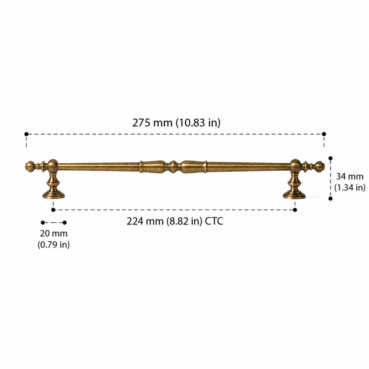 Ornate spindle pull: 224 mm (8.82 in) CTC, 275 mm (10.83 in) length, 34 mm (1.34 in) projection