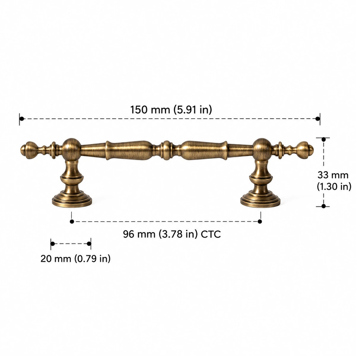 Ornate spindle pull: 96 mm (3.78 in) CTC, 150 mm (5.91 in) length, 33 mm (1.30 in) projection