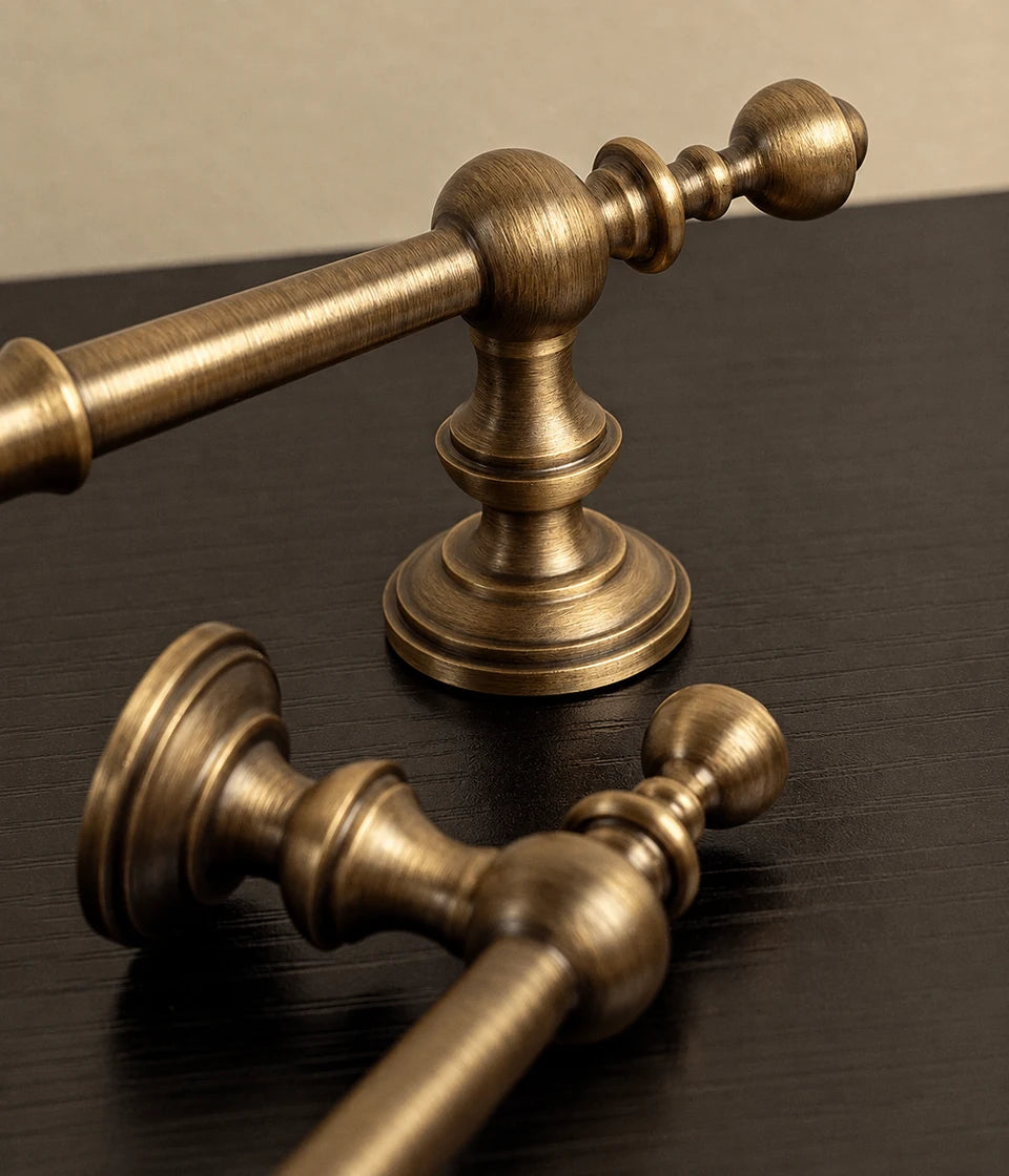 Close-up of turned mounting post and decorative finial