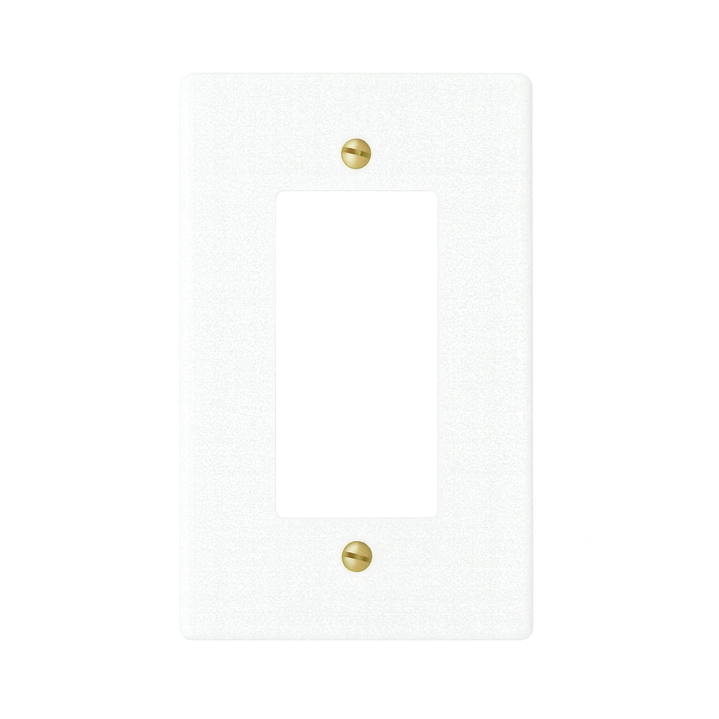 White decorator wall plate / outlet cover with warm brass accent details