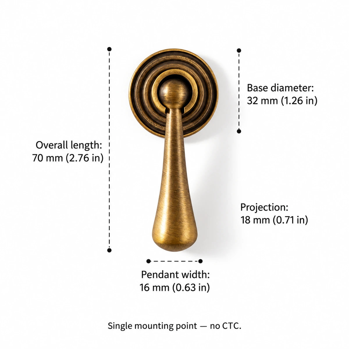 Ringed Teardrop Pendant dimensions: 2.76 inch (70 mm) overall length, single mounting point