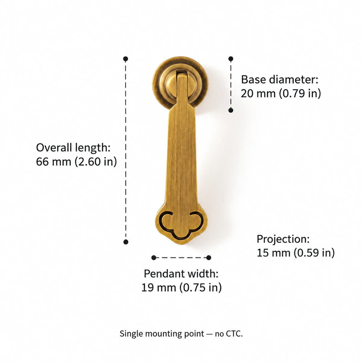 Clover-Tip Pendant dimensions: 2.60 inch (66 mm) overall length, single mounting point