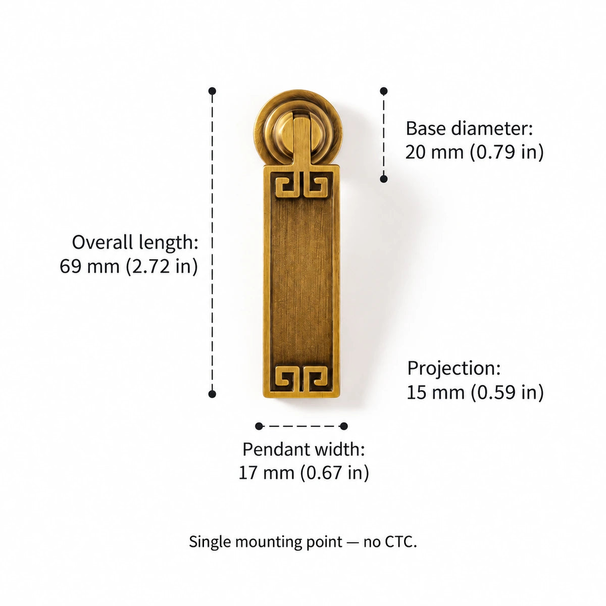 Key-Pattern Pendant dimensions: 2.72 inch (69 mm) overall length, single mounting point