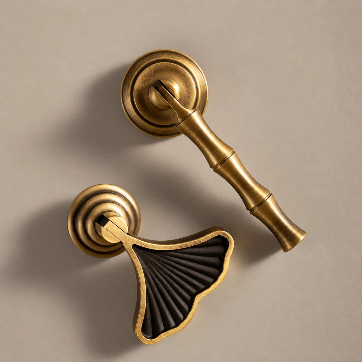 Antique brass fan and bamboo pendant pull details