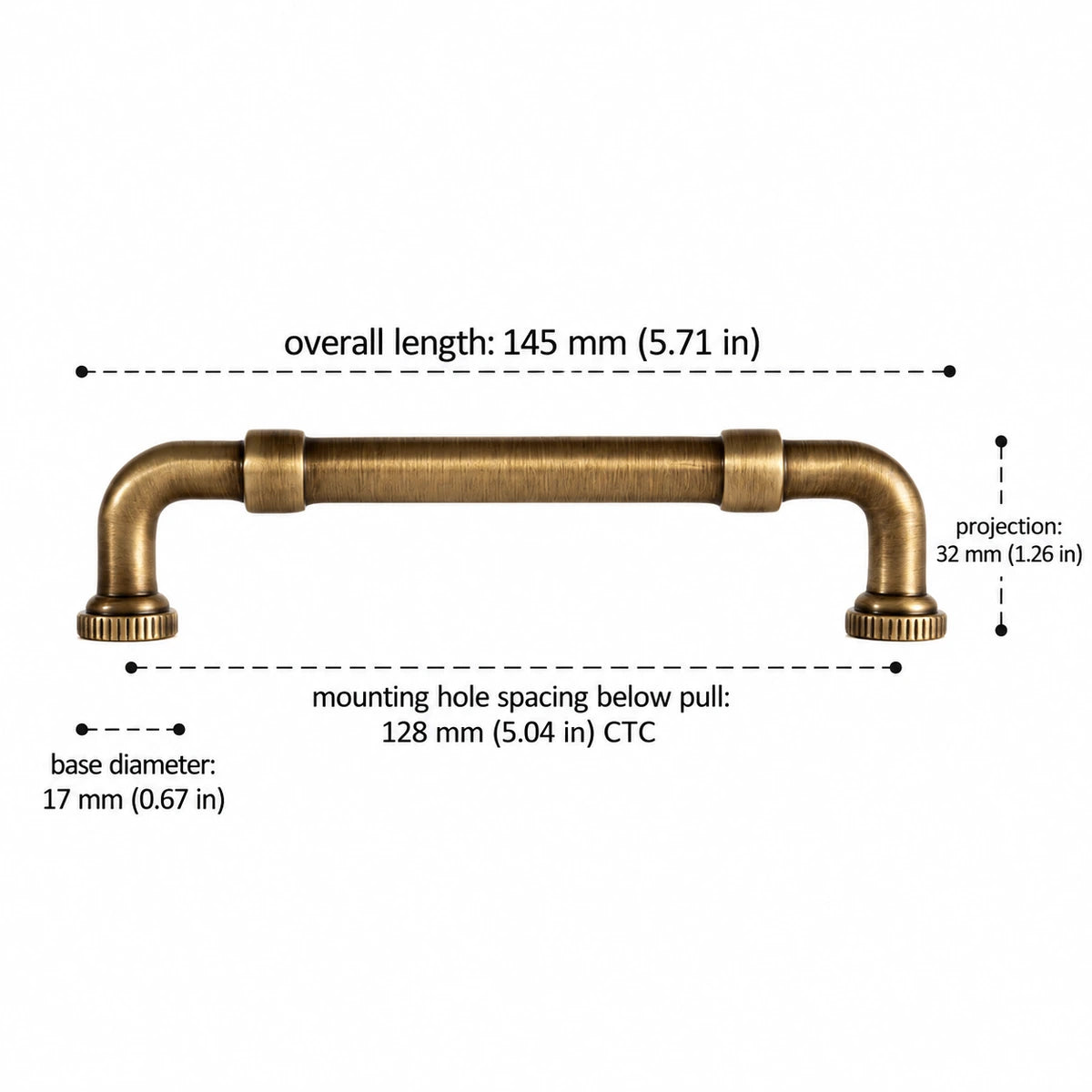 Pipe cabinet pull dimensions: 5.04 inch (128 mm) CTC and 5.71 inch (145 mm) overall length