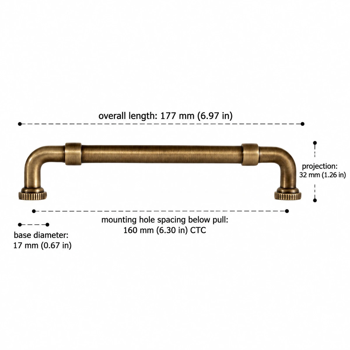 Pipe cabinet pull dimensions: 6.30 inch (160 mm) CTC and 6.97 inch (177 mm) overall length