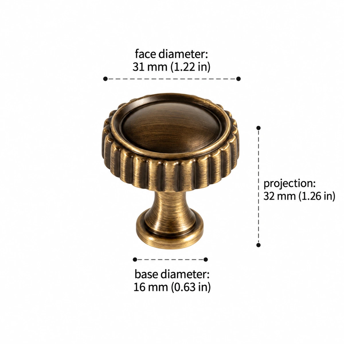 Ridged brass knob dimensions: 1.22 inch (31 mm) diameter and 1.26 inch (32 mm) projection
