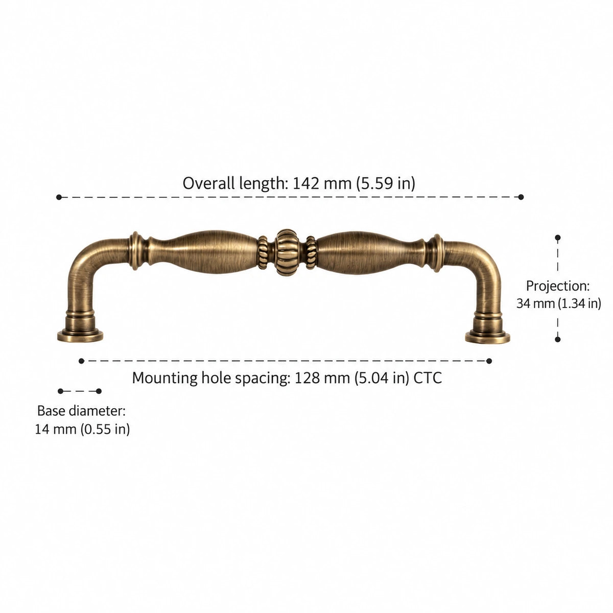 Ribbed center pull dimensions: 5.04 inch (128 mm) CTC and 5.59 inch (142 mm) length