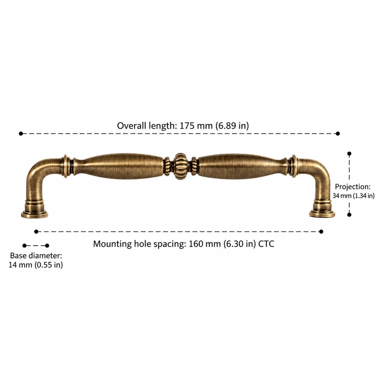 Ribbed center pull dimensions: 6.30 inch (160 mm) CTC and 6.89 inch (175 mm) length