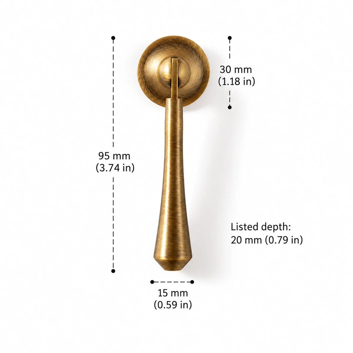 Tapered Pendant Pull — 3.74″ (95 mm) Length antique brass hardware dimensions in inches and mm