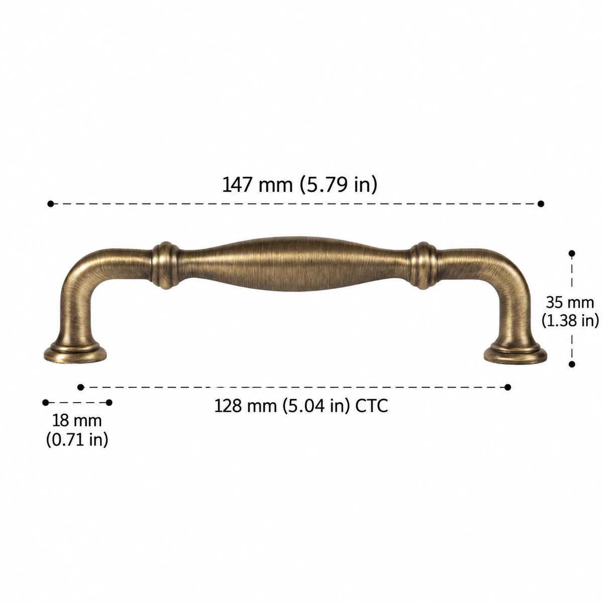 Ringed Bow Pull — 5.04″ (128 mm) CTC antique brass hardware dimensions in inches and mm