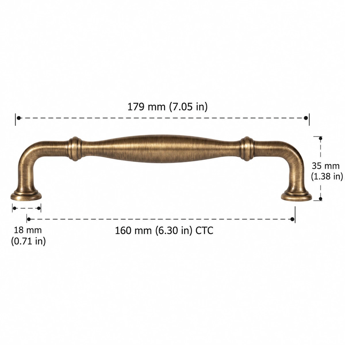Ringed Bow Pull — 6.30″ (160 mm) CTC antique brass hardware dimensions in inches and mm