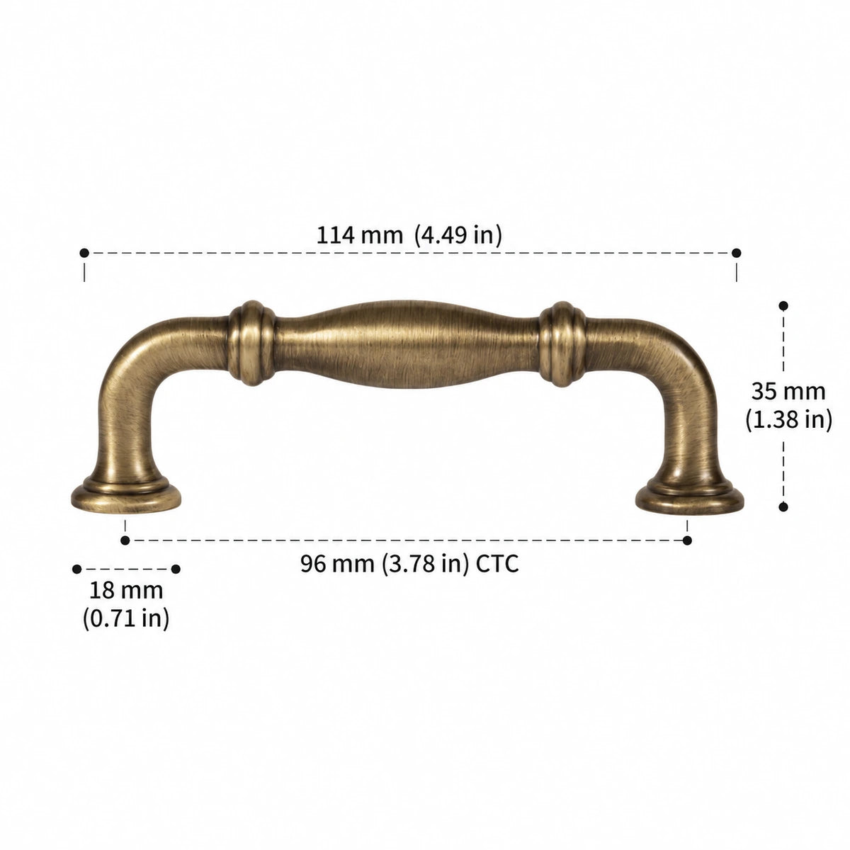 Ringed Bow Pull — 3.78″ (96 mm) CTC antique brass hardware dimensions in inches and mm